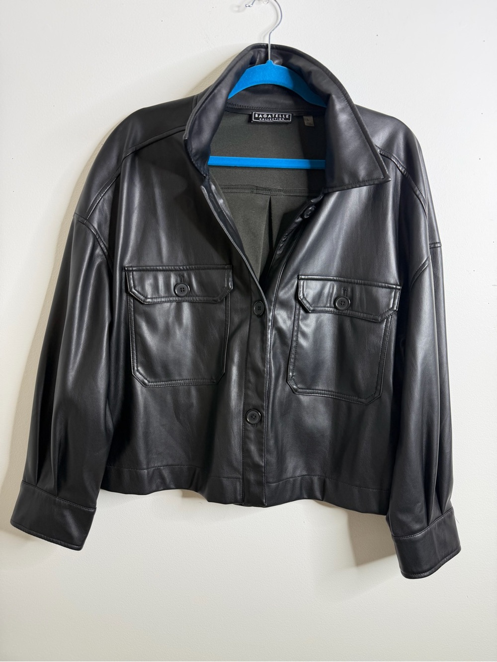 Bagatelle Black Boxy Faux Leather Cropped Shacket L Dark Academia Layering Goth